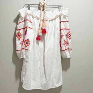 Q & A Women’s White Multi Embroidered Off The Shoulder Ruffle Dress Tie Neck M